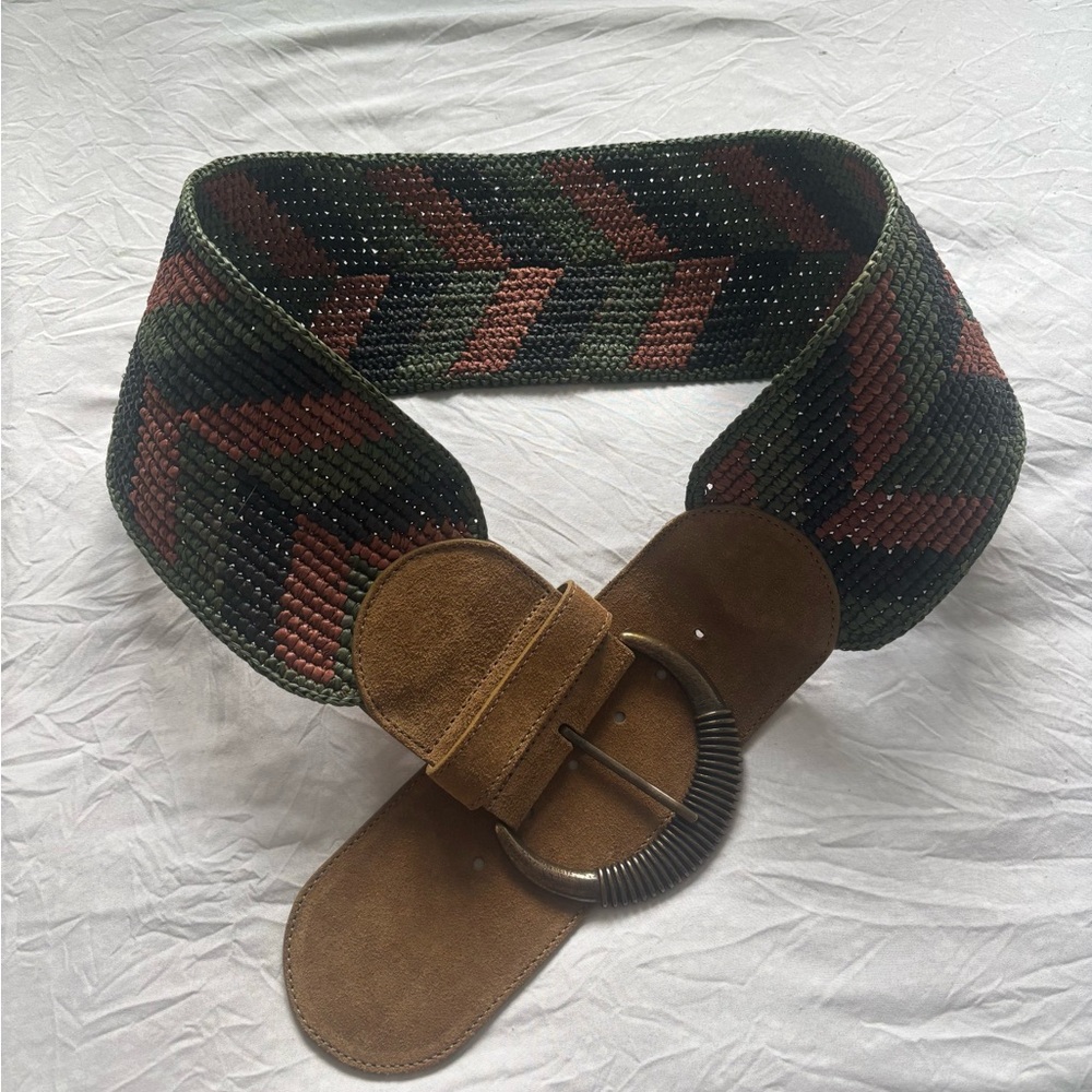 Sezane Wide Braided Belt in Olive Green and Rust